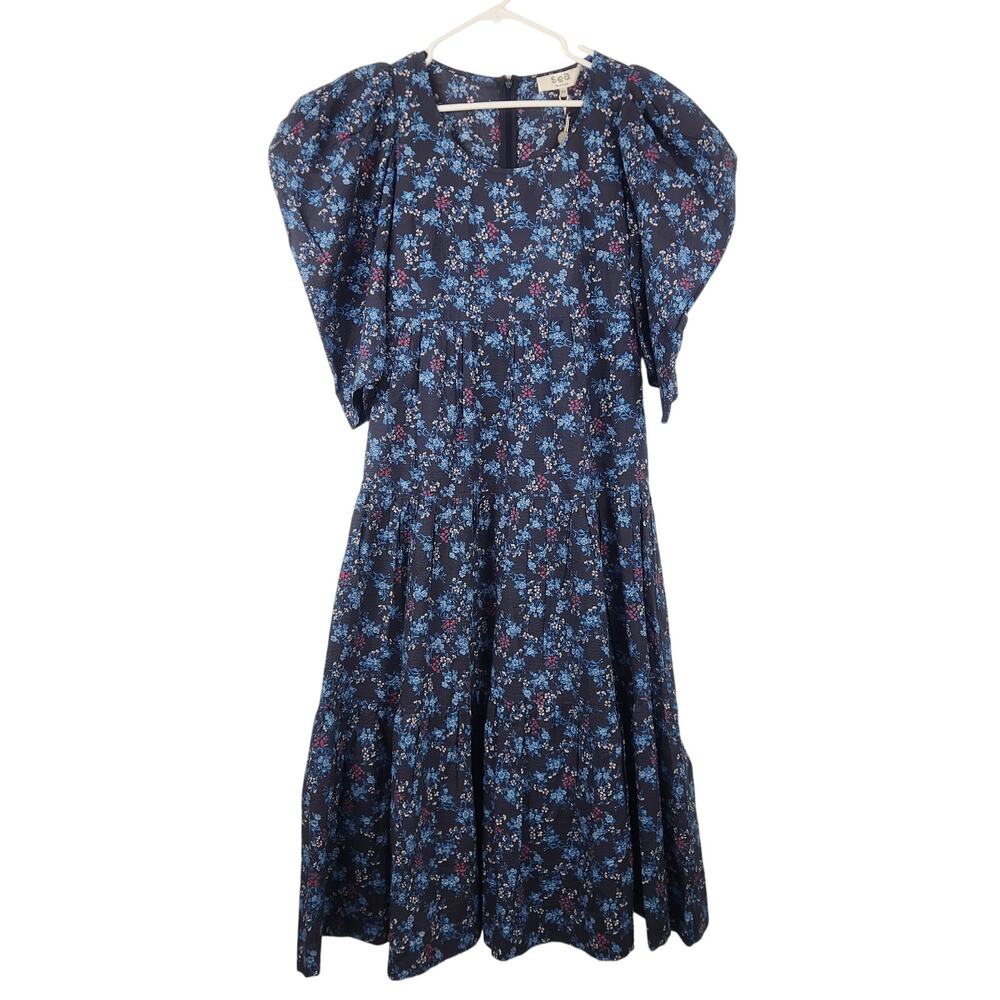 Sea New York Puff Sleeve Maxi Dress Blue Floral Size XS NWT Pockets